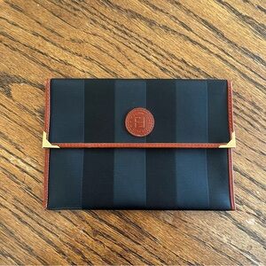 Vintage Fendi Pequin Stripe Canvas Leather Bifold Wallet Clutch
